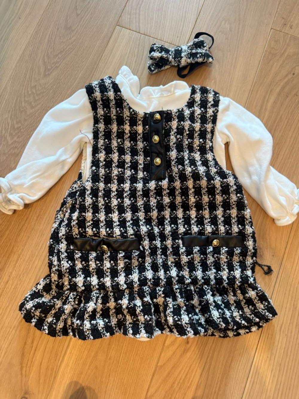 Baby Girls Black & White Tweed Dress with Bow Headband